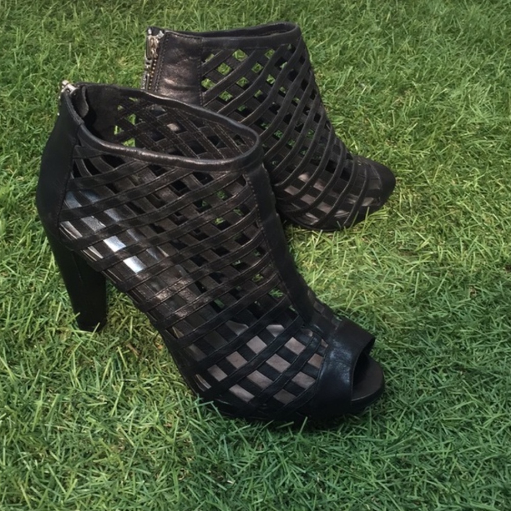 BCBG peep toe tall heel black leather